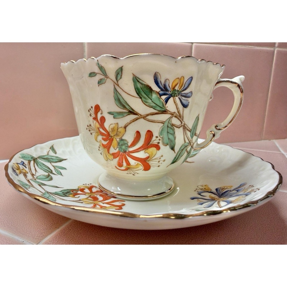 Vintage Aynsley England Hand Painted Honeysuckle Squared Cup & Saucer; Teacup